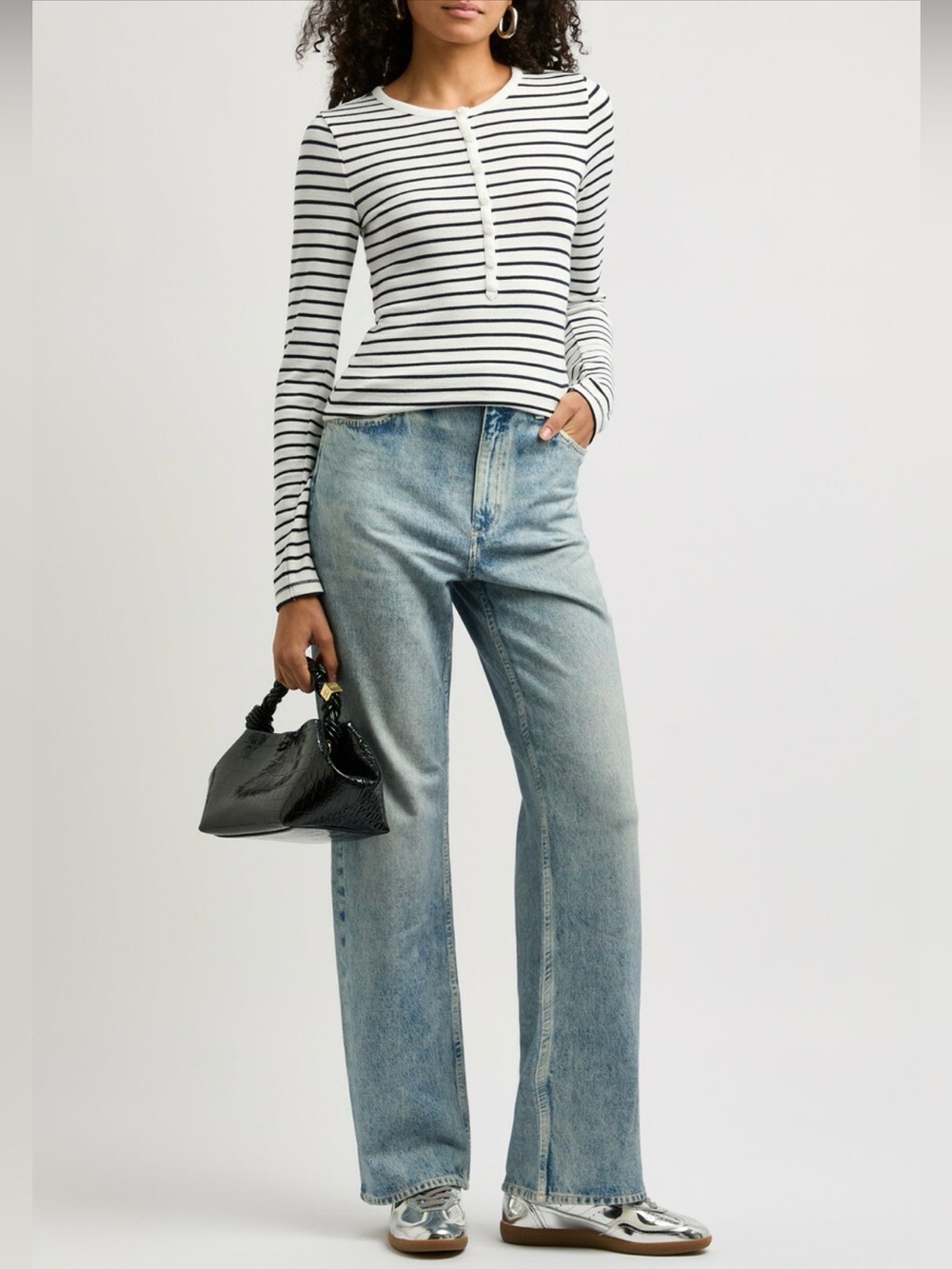 Rag & Bone Breton Stripe Henley Top Navy White Cotton Size L NWOT